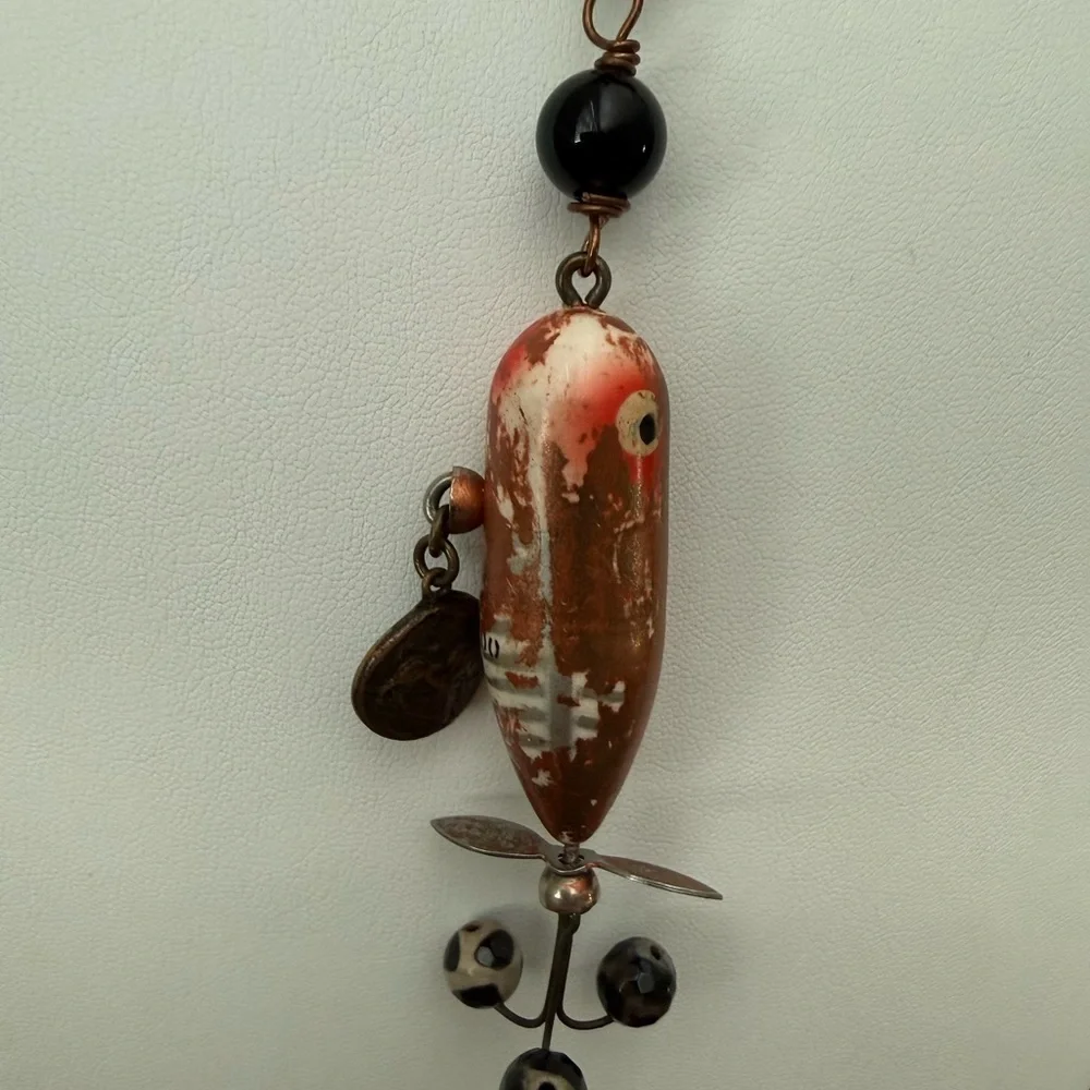 Vintage Blue and Orange Beaded Necklace with Heddon Fishing Lure Pendant